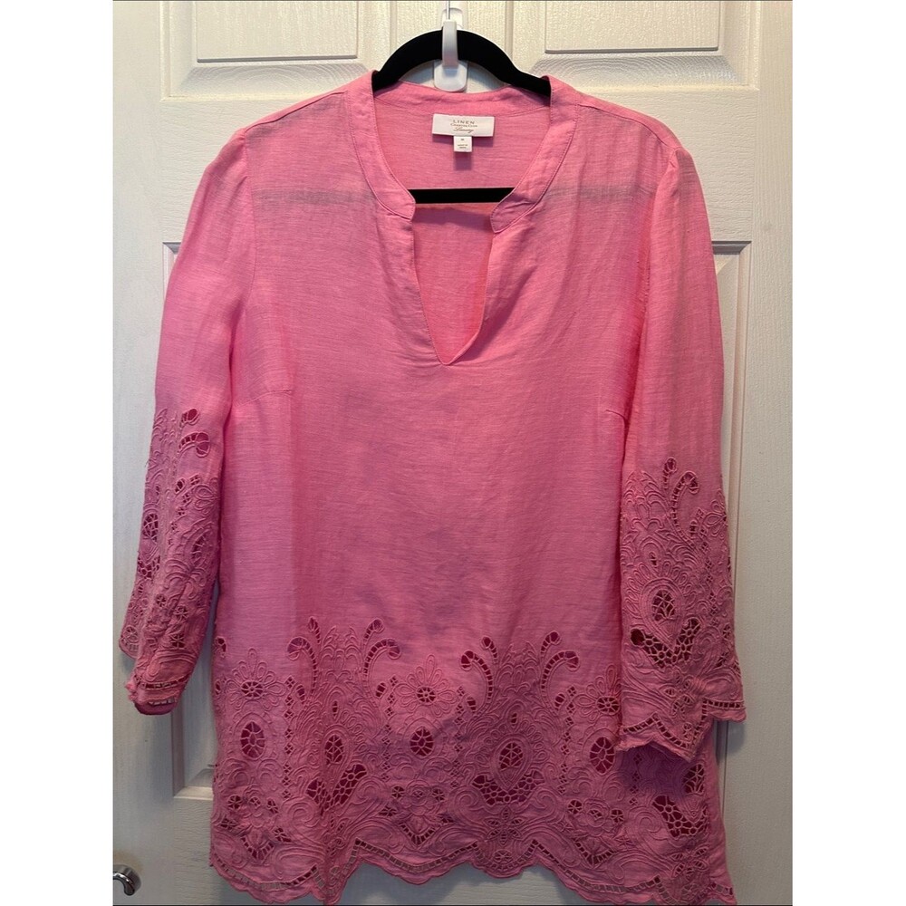 Charter Club 100% Linen Cool Pink Eyelet Hem Tunic Feminine Resortwear Size M